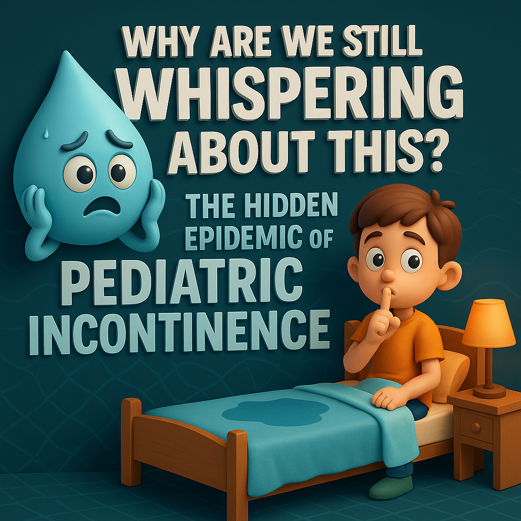3D digital illustration showing a worried cartoon water droplet and a young boy sitting on a bed with a visible wet spot on the blanket. The boy holds his finger to his lips, signaling silence. Bold text reads: “Why Are We Still Whispering About This? The Hidden Epidemic of Pediatric Incontinence.” The design uses teal, blue, and orange tones to highlight the seriousness of pediatric incontinence while evoking empathy.